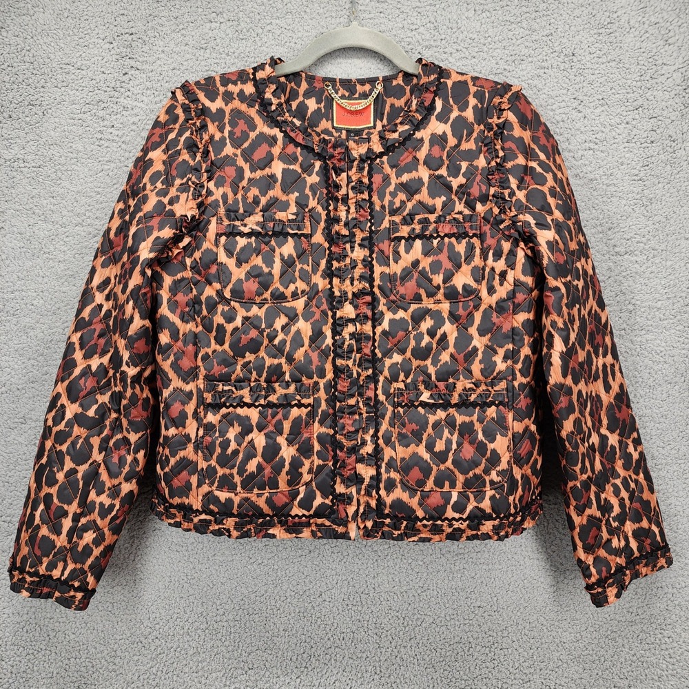 J.Crew Re-Imagined Quilted Leopard‎ Print Ruffle Trim Jacket Size 6 Animal Print